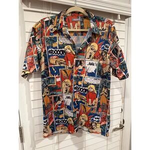 C2C Mens Comic Book Pop Art Print Button Down Shirt Short Sleeve French Text L